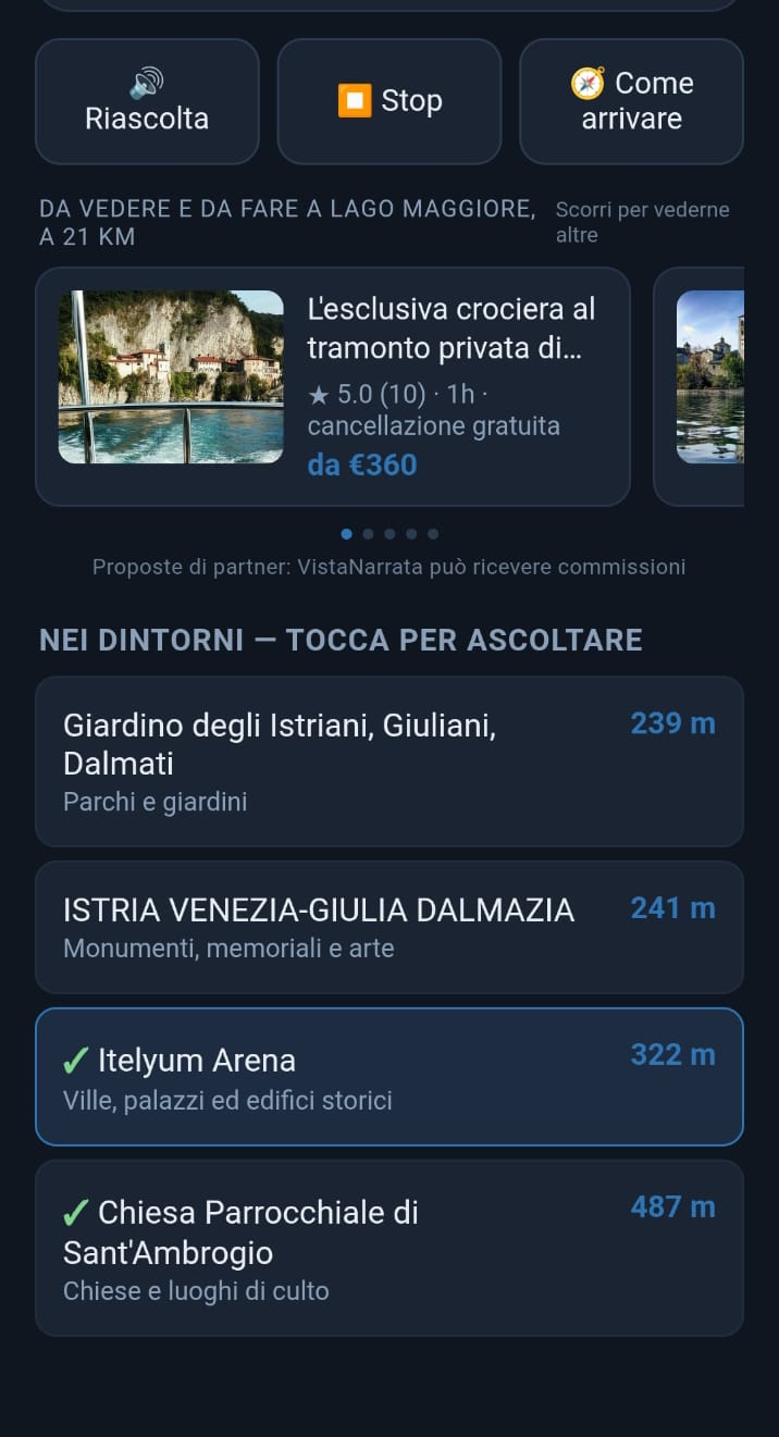 L'elenco dei luoghi nei dintorni con le distanze